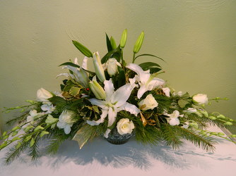 Holly, Lillies and Roses from local Myrtle Beach florist, Bright & Beautiful Flowers